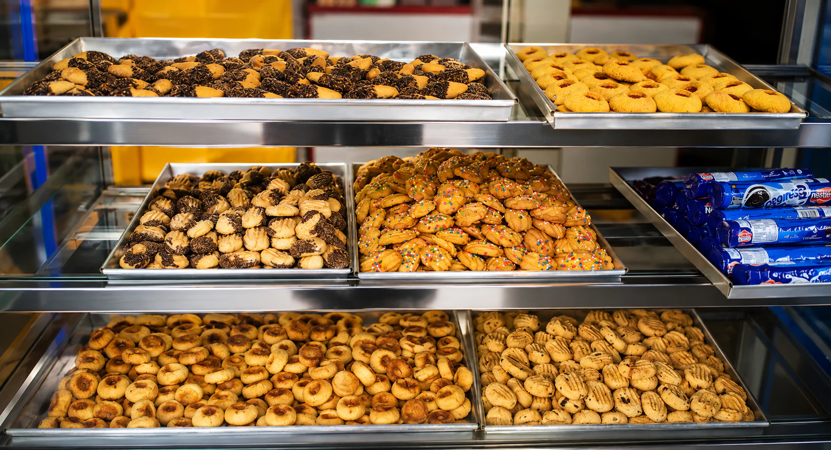 Bandejas de biscoitos caseiros variados na vitrine
